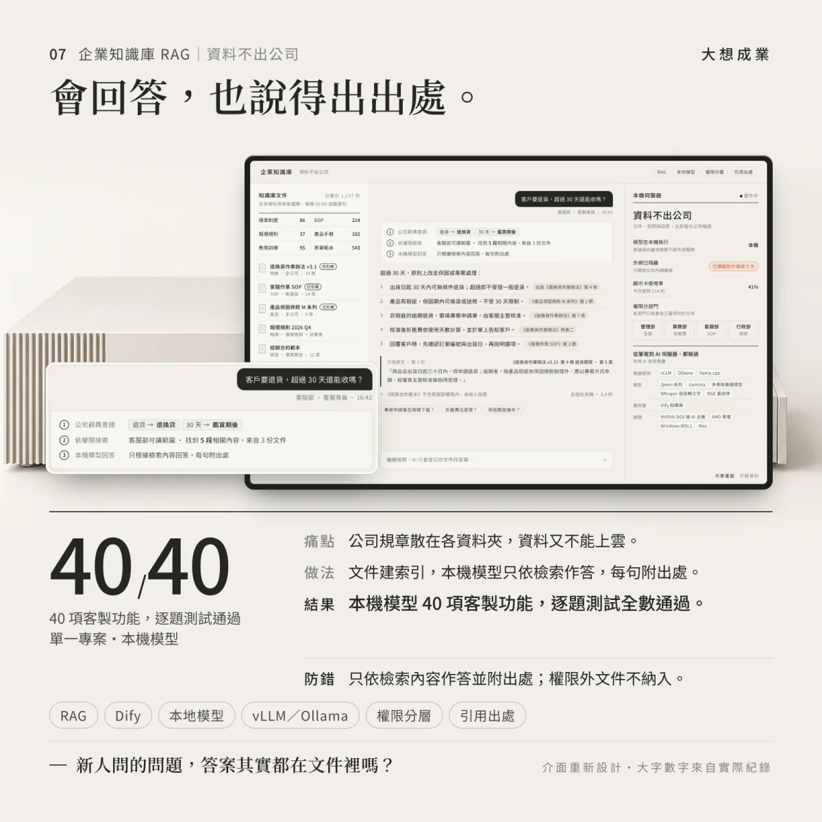 地端知識庫架構示意，資料在公司設備上完成向量化與查詢，不送往雲端