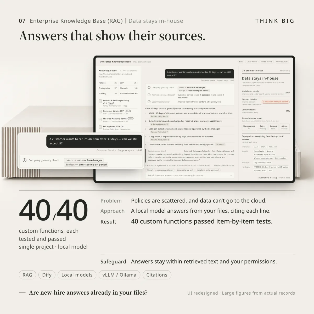 Local knowledge base architecture — vectorisation and retrieval run entirely on company hardware